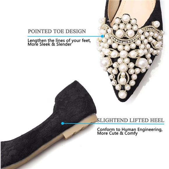 Pearl Decoration Flat Pointed Shoes Black - Picture 6 of 6